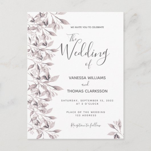 ほこりっぽいバラ植物性の葉の結婚式招待状 ポストカード (正面)