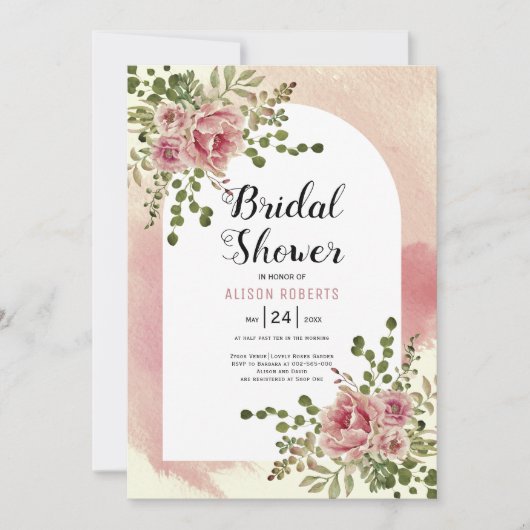 ほこりっぽいバラ水の色の花フローラブライダルシャワー 招待状 (正面)