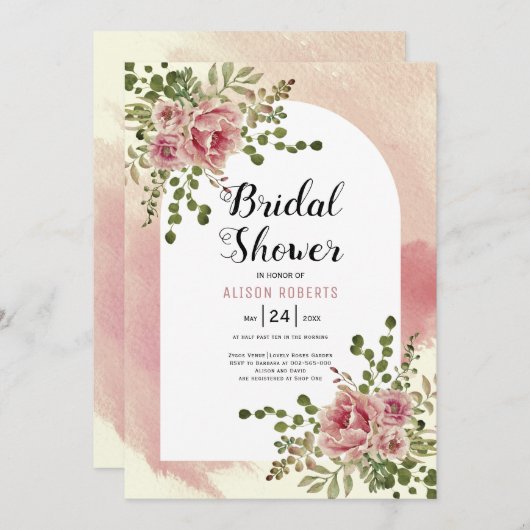 ほこりっぽいバラ水の色の花フローラブライダルシャワー 招待状 (正面/裏面)