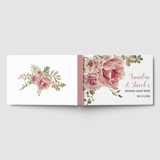 ほこりっぽいバラ水の色の花、タイポグラフィ結婚の ゲストブック (全面)