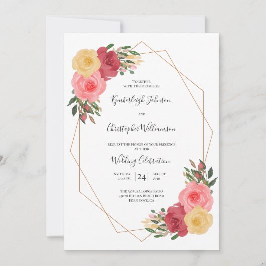 ほこりっぽいバラ水カラーフローラジオメトリック結婚ス 招待状 (正面)