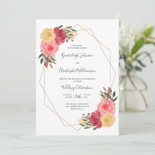 ほこりっぽいバラ水カラーフローラジオメトリック結婚ス 招待状 (スタンド正面)