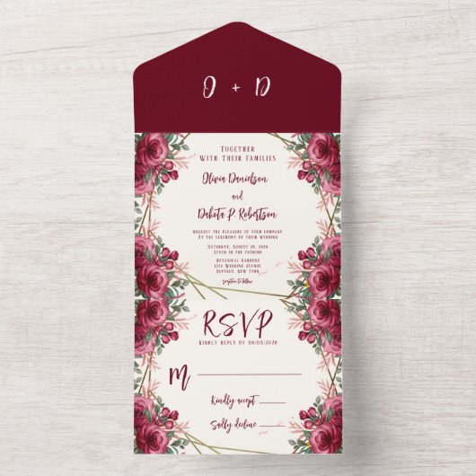 ほこりっぽいバラ水カラーフローラジオメト結婚リすべて オールインワン招待状 (内側)