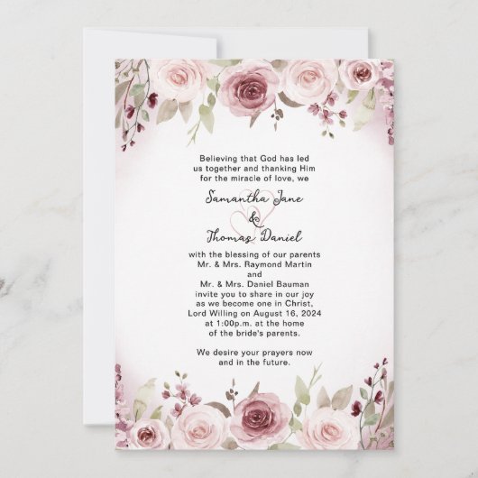 ほこりっぽいバラ水カラーフローラ結婚式招待状 招待状 (正面)