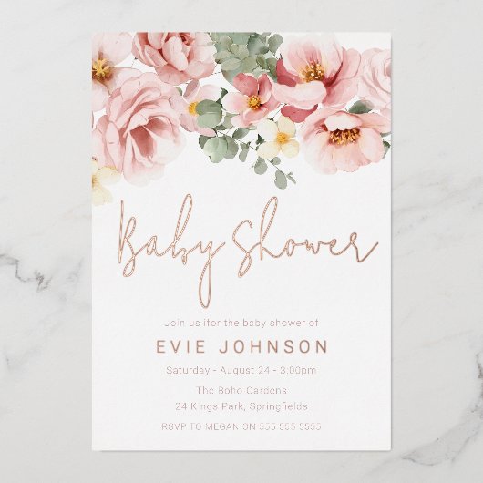 ほこりっぽいバラ水彩フローラベビーシャワーバラ金ゴールド 箔招待状 (正面)