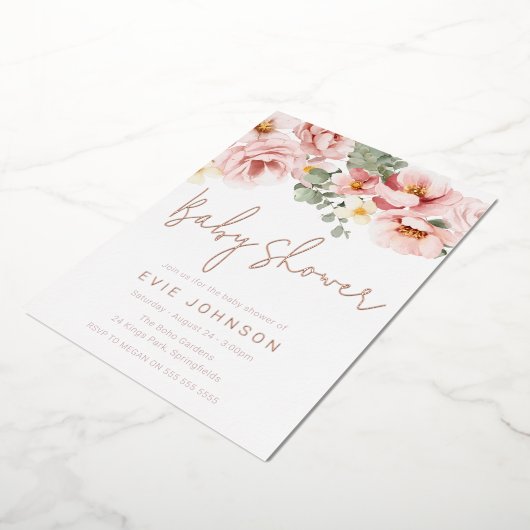 ほこりっぽいバラ水彩フローラベビーシャワーバラ金ゴールド 箔招待状 (回転した状態)