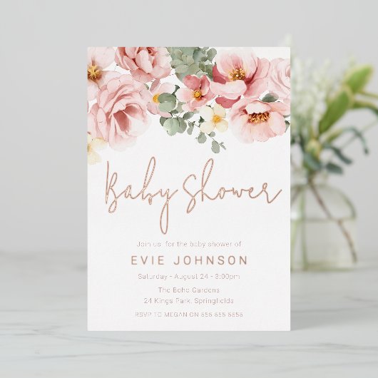 ほこりっぽいバラ水彩フローラベビーシャワーバラ金ゴールド 箔招待状 (立ち正面)