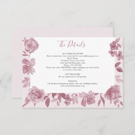 ほこりっぽいバラ水彩フローラ結婚の詳細 エンクロージャーカード (正面/裏面)