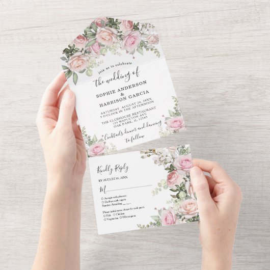 ほこりっぽいバラ水彩赤面ピンク結婚の花のA オールインワン招待状 (貼ってはがせる)