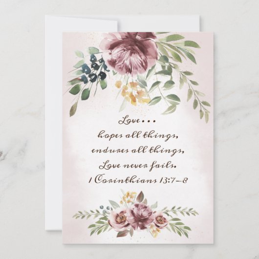 ほこりっぽいバラ牡丹フローラ緑のクリスチャン結婚ズ 招待状 (裏面)