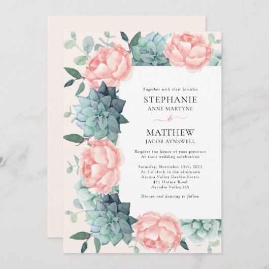 ほこりっぽいバラ牡丹ユーカリ結婚の実 招待状 (正面/裏面)