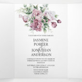 ほこりっぽいバラ牡丹結婚の緑 | 三つ折り招待状 (内部中)
