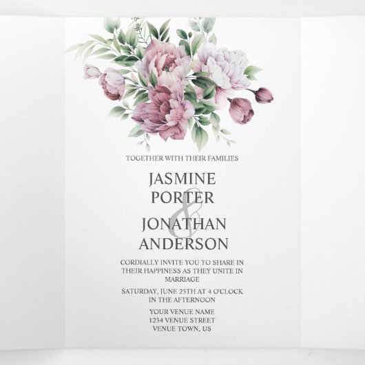 ほこりっぽいバラ牡丹結婚の緑 | 三つ折り招待状 (内部中)