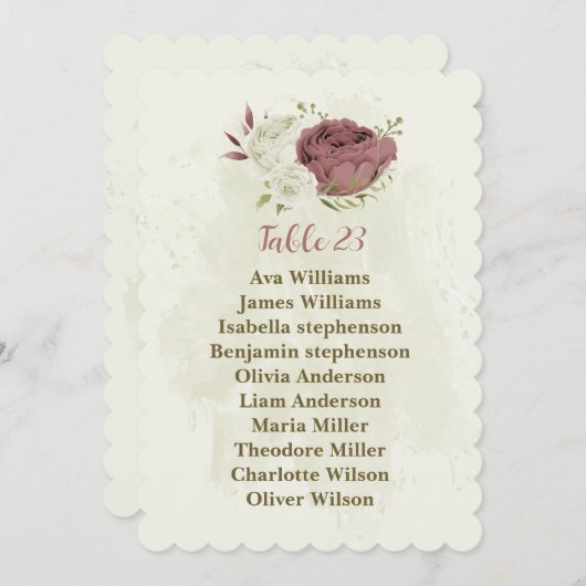 ほこりっぽいバラ白い花席表カード 招待状 (正面/裏面)