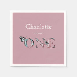 ほこりっぽいバラ第1の誕生日ワンと蝶 スタンダードカクテルナプキン