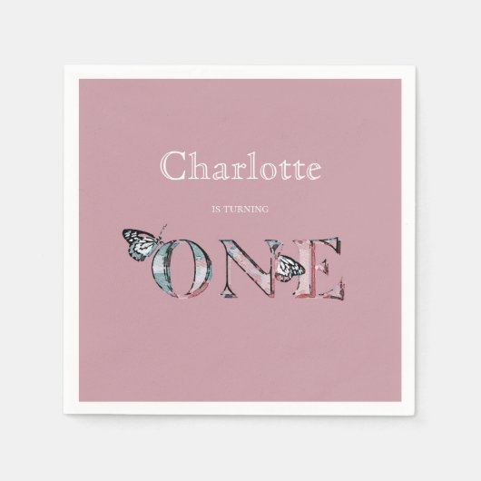 ほこりっぽいバラ第1の誕生日ワンと蝶 スタンダードカクテルナプキン (正面)