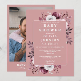 ほこりっぽいバラ素朴国フローラ写真ベビーシャワー 招待状