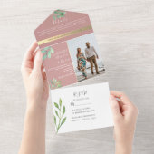 ほこりっぽいバラ結婚グリーンリー オールインワン招待状 (貼ってはがせる)