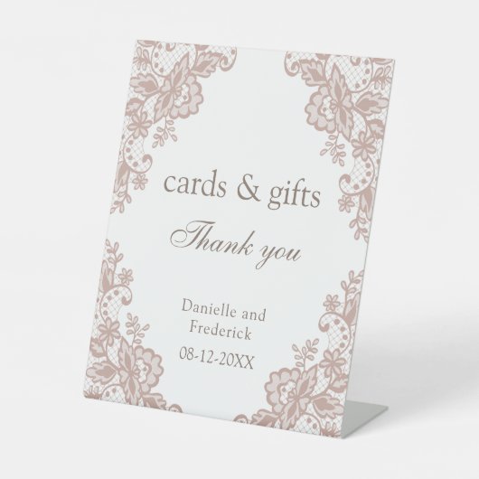 ほこりっぽいバラ結婚レースのカードとギフトのサイン 台座サイン (正面)