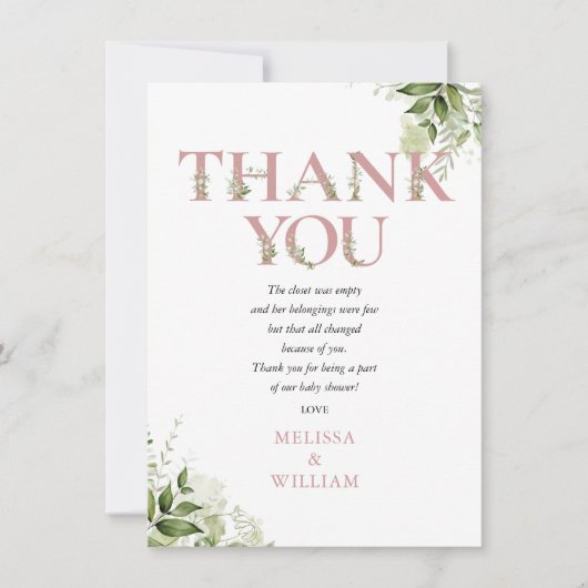 ほこりっぽいバラ緑の手紙ベビーシャワー詩 サンキューカード (正面)