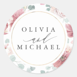 ほこりっぽいバラ花と金ゴールドフレームエレガントな結婚式 ラウンドシール
