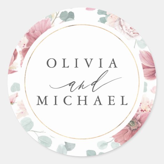 ほこりっぽいバラ花と金ゴールドフレームエレガントな結婚式 ラウンドシール (正面)