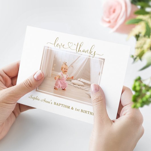 ほこりっぽいバラ花ガール写真1st誕生日バプテスマ サンキューカード
