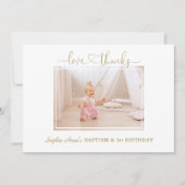 ほこりっぽいバラ花ガール写真1st誕生日バプテスマ サンキューカード (正面)