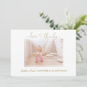 ほこりっぽいバラ花ガール写真1st誕生日バプテスマ サンキューカード (スタンド正面)