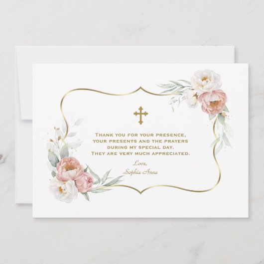 ほこりっぽいバラ花ガール写真1st誕生日バプテスマ サンキューカード (裏面)