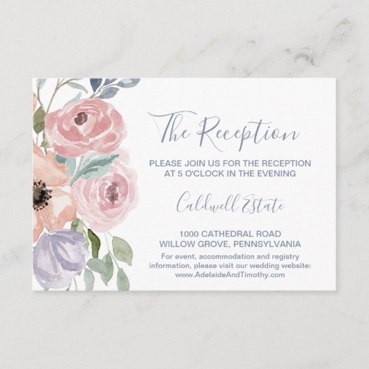 ほこりっぽいバラ花模様ウェディングレセプションカード エンクロージャーカード (正面)
