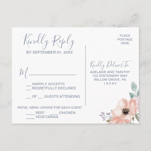 ほこりっぽいバラ花模様メニュー選択RSVPポストカード インビテーションポストカード (裏面)