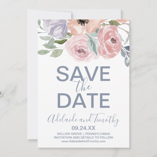 ほこりっぽいバラ花模様日付カードを保存 セーブザデート (正面)