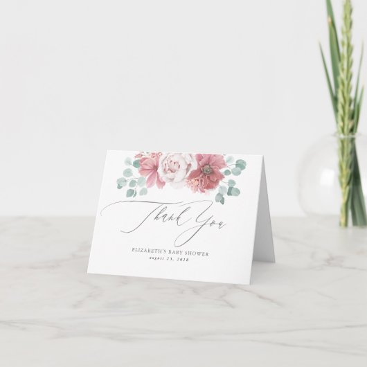 ほこりっぽいバラ花赤ちゃんシャワーありがとう サンキューカード (正面)