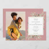 ほこりっぽいバラ葉緑の写真結婚の写真 招待状 (正面/裏面)