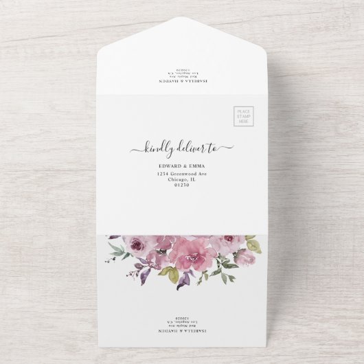 ほこりっぽいバラ赤面ピンクのフローラ花結婚式RSVP オールインワン招待状 (外側)