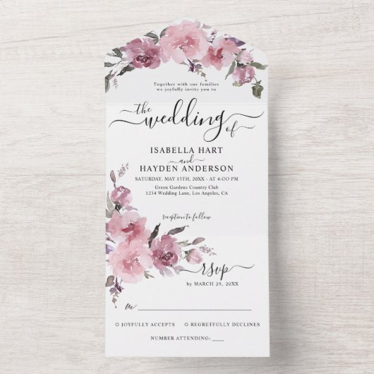 ほこりっぽいバラ赤面ピンクのフローラ花結婚式RSVP オールインワン招待状 (内側)