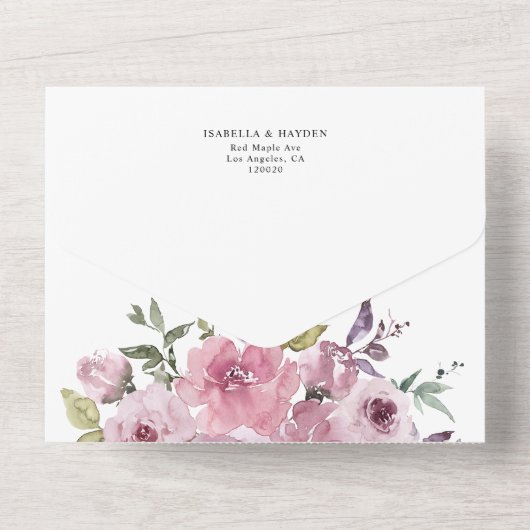 ほこりっぽいバラ赤面ピンクのフローラ花結婚式RSVP オールインワン招待状 (裏面)