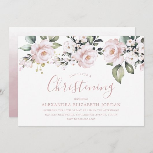 ほこりっぽいバラ赤面ピンクの花《キリスト教》洗礼式や命名式バプテスマ 招待状 (正面/裏面)