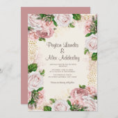 ほこりっぽいバラ赤面ピンクフローラ金ゴールド結婚グリッター 招待状 (正面/裏面)
