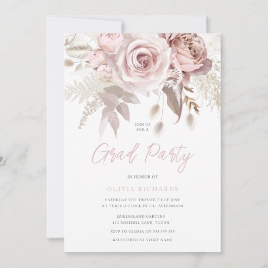 ほこりっぽいバラ赤面ピンクローズグラッドパーティー卒業 招待状 (正面)
