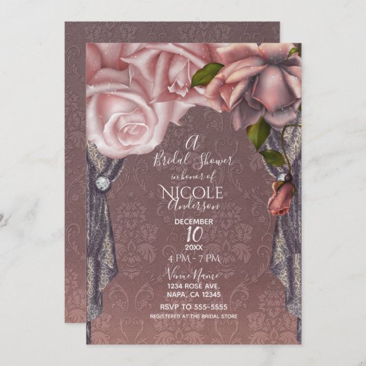 ほこりっぽいバラ赤面ピンクローゼスヴィンテージブライダルシャワー 招待状 (正面/裏面)