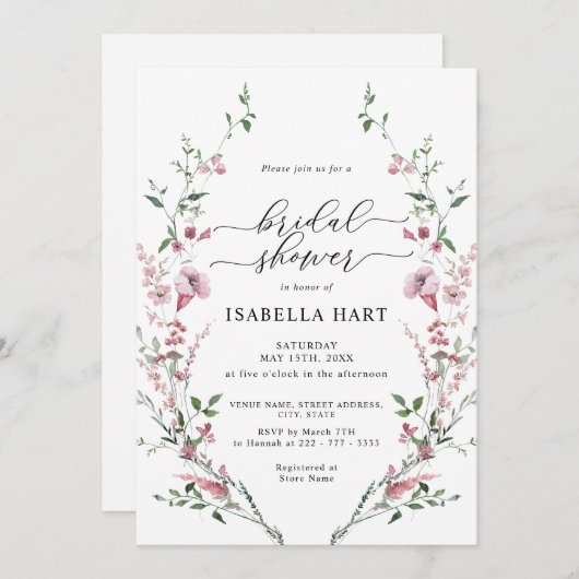 ほこりっぽいバラ赤面ピンクワイルドフラワーブライダルシャワー 招待状 (正面/裏面)