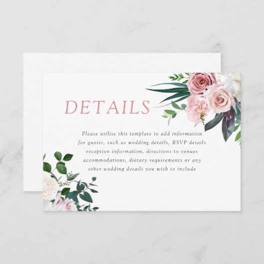 ほこりっぽいバラ赤面フローラウェディングレセプション詳細 エンクロージャーカード (正面/裏面)
