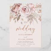 ほこりっぽいバラ赤面フローラ秋の結婚式バラ金ゴールド 箔招待状 (正面)