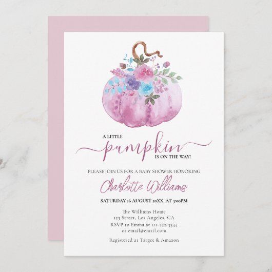 ほこりっぽいバラ赤面マウヴリトルカボキンベイビーシャワー 招待状 (正面/裏面)