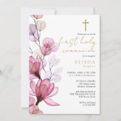 ほこりっぽいバラ透明フローラ最初の聖餐式 招待状 (正面)