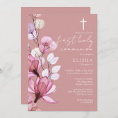 ほこりっぽいバラ透明フローラ最初の聖餐式 招待状 (正面/裏面)