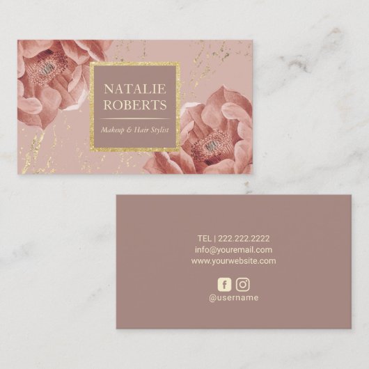ほこりっぽいバラ金ゴールドフローラメイクアップアーティストヘアサロン 名刺 (正面/裏面)