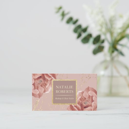 ほこりっぽいバラ金ゴールドフローラメイクアップアーティストヘアサロン 名刺 (スタンド正面)